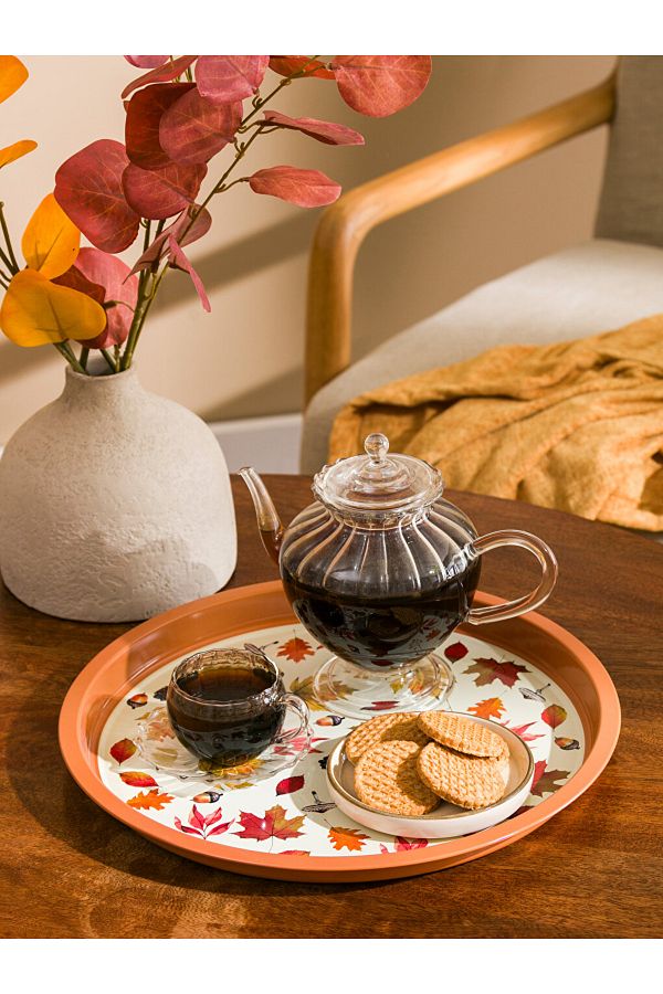 LC Waikiki-34 cm Round Metal Tray - Autumn Leaf Printed 1