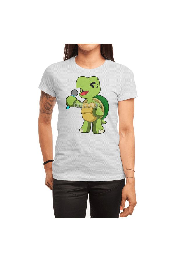 Fizello-Ανδρικό και γυναικείο λευκό μπλουζάκι Unisex - Turtle At Singing With Microphone Design 1