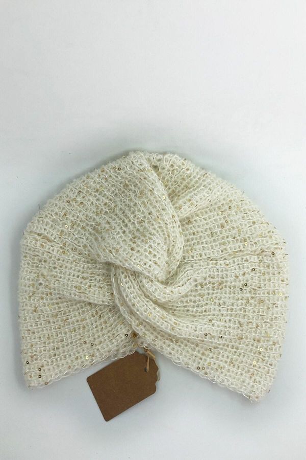 Vera-Angora Wolle Creme Baskenmütze Turban Modell Stilvolle Paillettenmütze 1