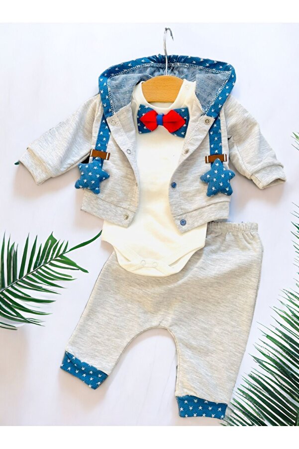 voyyo kids baby Erkek Papyonlu ve Zıbınlı 3'lü Yıldız Detaylı 3 Parça Bebek Takımı