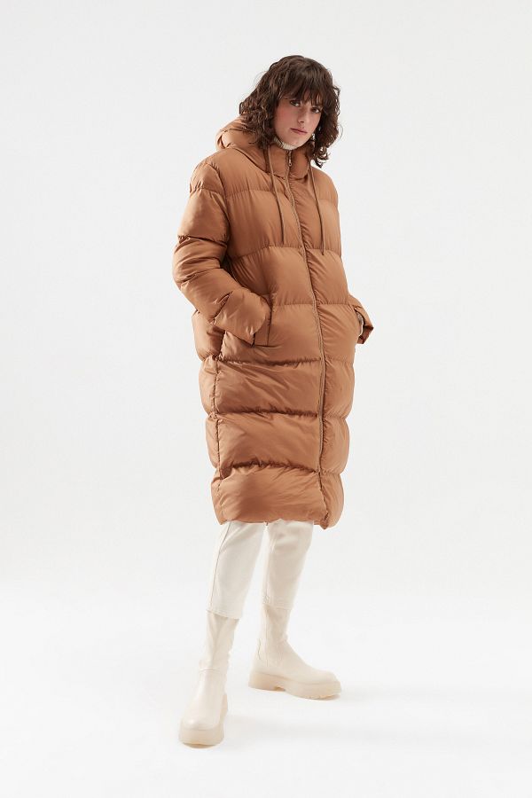 Quzu Hooded Long Puffer Coat Camel Trendyol