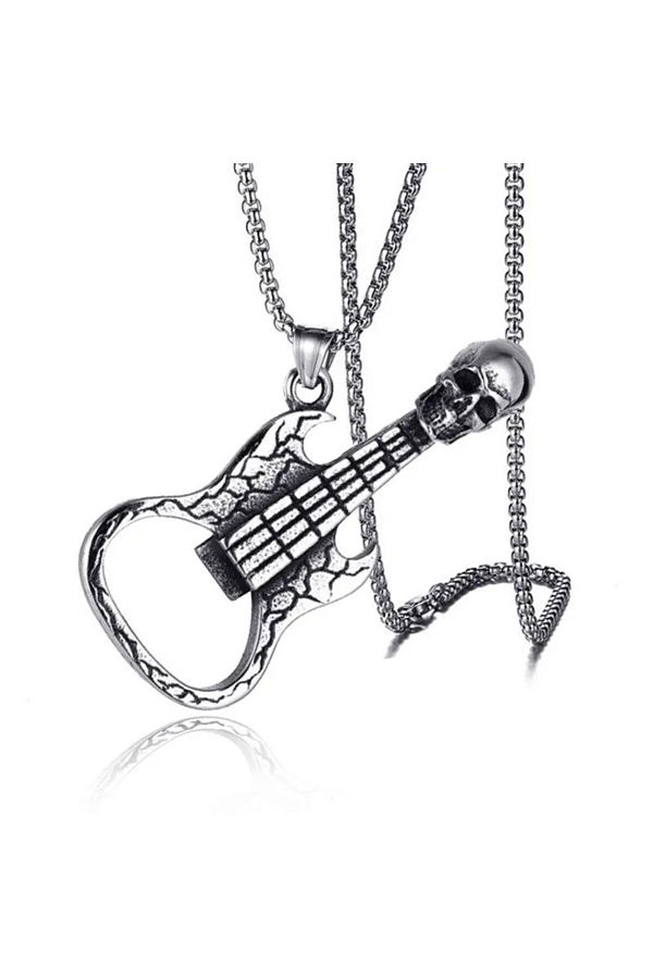 Shiny Spectra Rock n Roll Metalist Steel Necklace Skull and Electric Guitar Metallic Color Trendyol