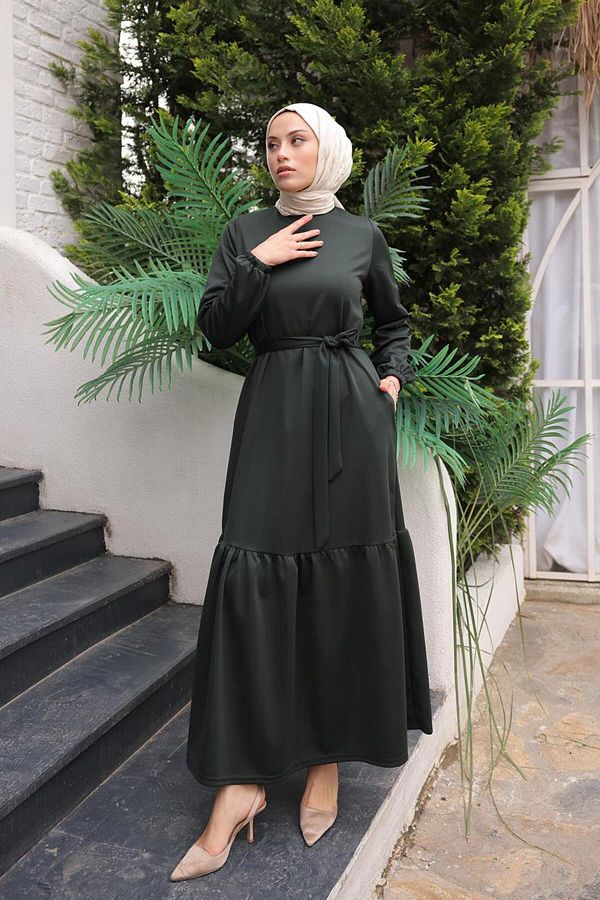 BURCU TESETTÜR Dark Khaki Hijab Dress - Frilly Skirt Brc1122