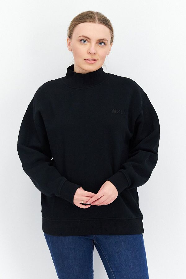 WSLY-Women Oversize Mock Neck Embroidered Long Sleeves Sweatshirt, Black 1