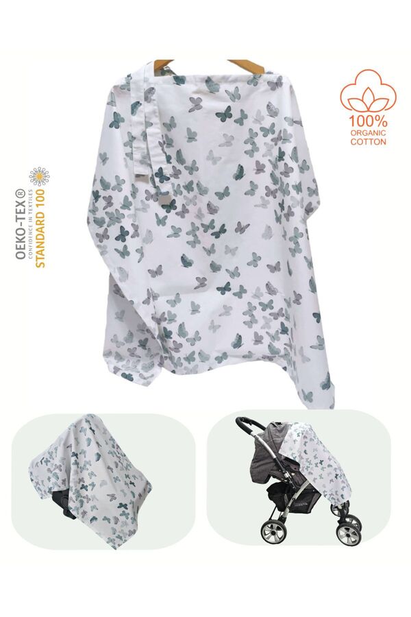 BeybiNest Balenli 100x80 Cm Emzirme Önlüğü Ayarlanabilir Boy Yeşil Kelebekler Emzirme Örtüsü