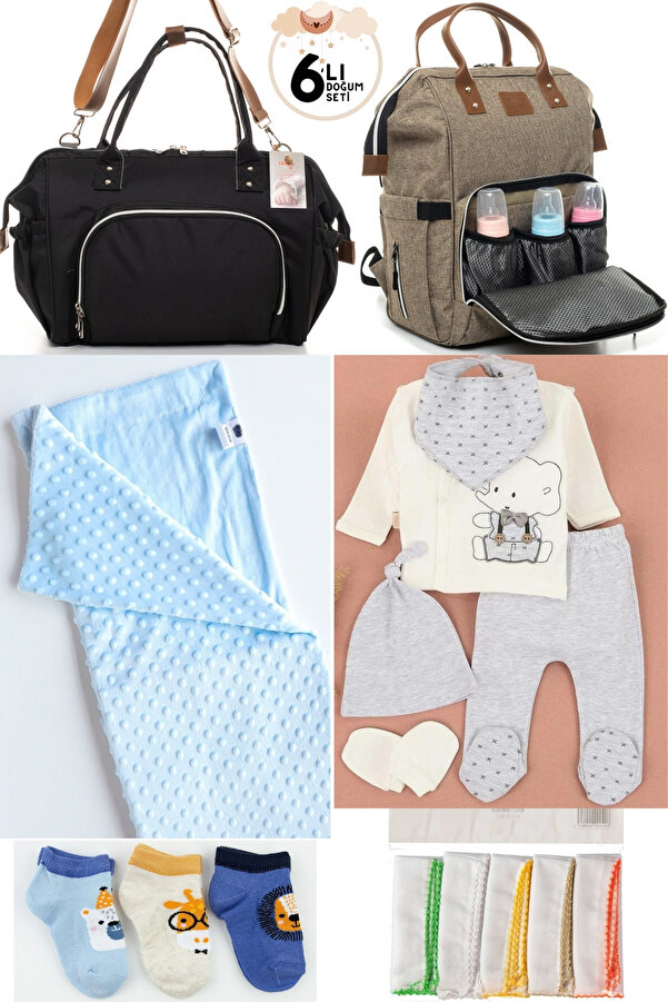 DERİNBEBE 6’LI BEBEK DOĞUM SETİ(HASTANE ÇIKIŞ,ANNE&BEBEK BAKIM OMUZ VE SIRT ÇANTASI,BATTANİYE,ÇORAP VE MENDİL)