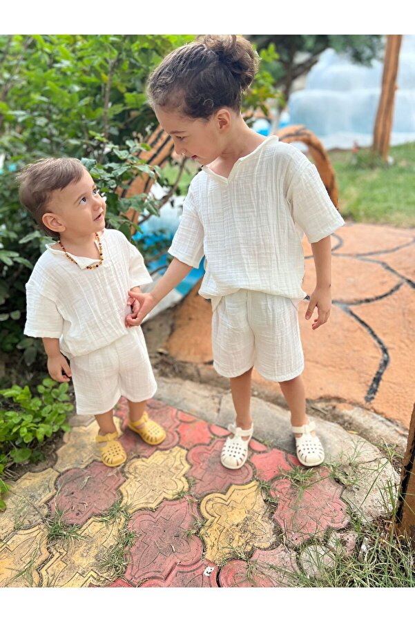 BAHNUR KREM BEBEK ÇOCUK KIZ ERKEK UNiSEX MÜSLiN ALT ÜST TAKIM YAZLIK BOHEM