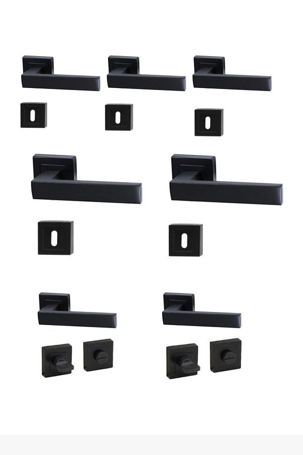 ALYAYAPI-(7 SET) Avanti Matte Black Square Rosette Door Handle 3 in 1 Apartment Set (5 ROOMS - 2 BATHROOMS / WC) 1