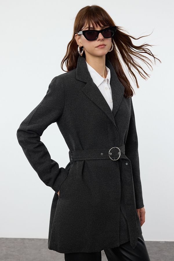 Trendyol Collection-Płaszcz Midi z wełny antracytowej - z paskiem, dopasowany Twoaw25Kb00071 1
