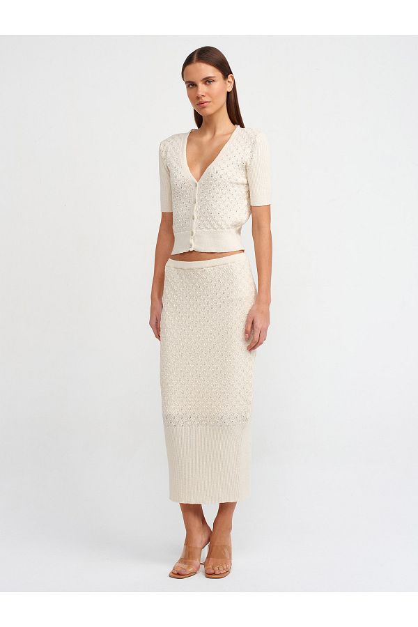 Dilvin-80112 Openwork Elastic Waist Lined Knitwear Skirt-Ecru 1