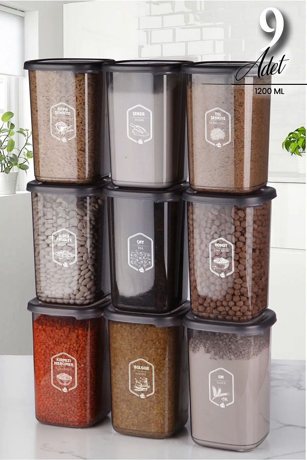 NESS HOME-Set of 9 Square Food Storage Containers with Labels 1200 ml - Organizer Jar with Hard Lid 1