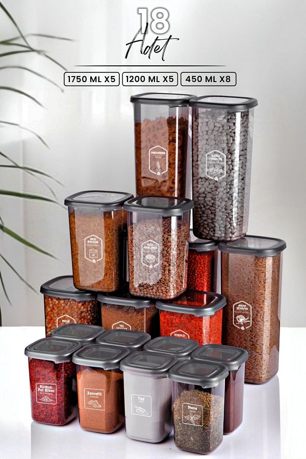 Kitchen Life-Modernity Square Food Storage Container Set of 18 with Labels (1750ml x5-1200ml x5-450ml x8) Spice Bowl 1