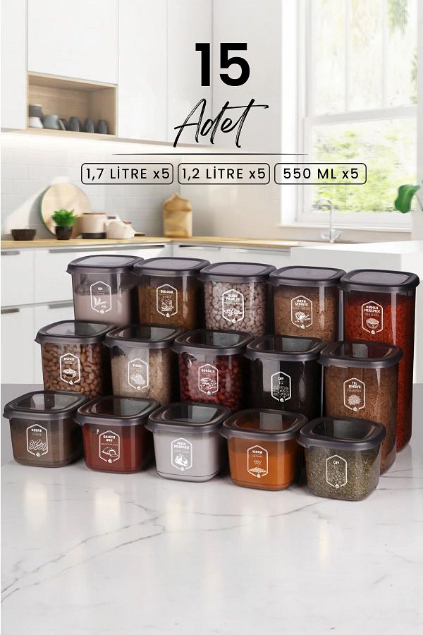 NESS HOME-15-Piece Square Labeled Square Food Storage Container Set x5 (550ml-1200ml-1750ml) Jar with Hard Lid 1