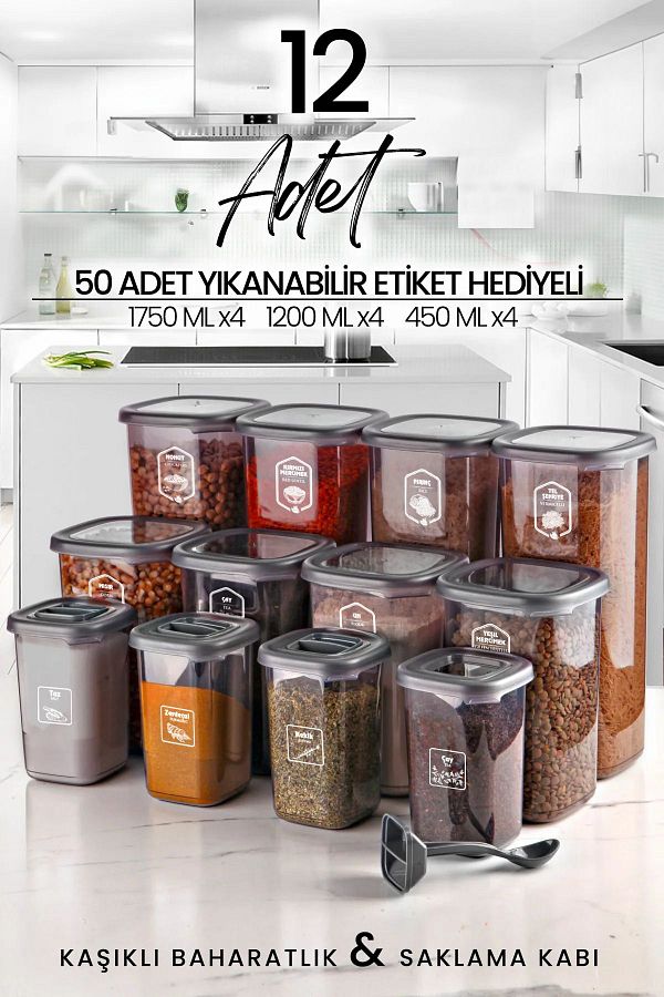 Kitchen Life-12-Piece Labeled Square Food Storage Container and Spice Jar Set with Spoon (1750ML 1200ML 400 ML) 1