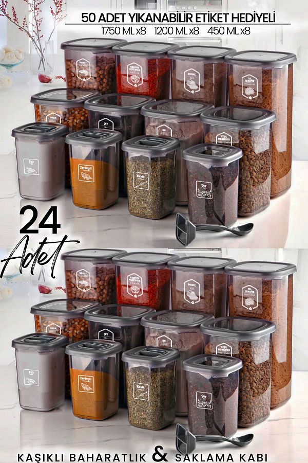NESS HOME-24-Piece Labeled Square Food Storage Container and Spice Bowl Set with Spoon - (1750ML 1200ML 400 ML) 1