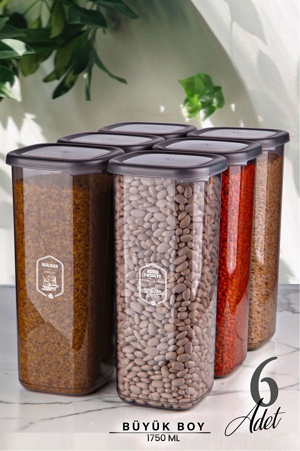 Kitchen Life-Set of 6 Jumbo Size Square Food Storage Containers with Labels 1750 ml - Hard Lid Organizer Jar 1