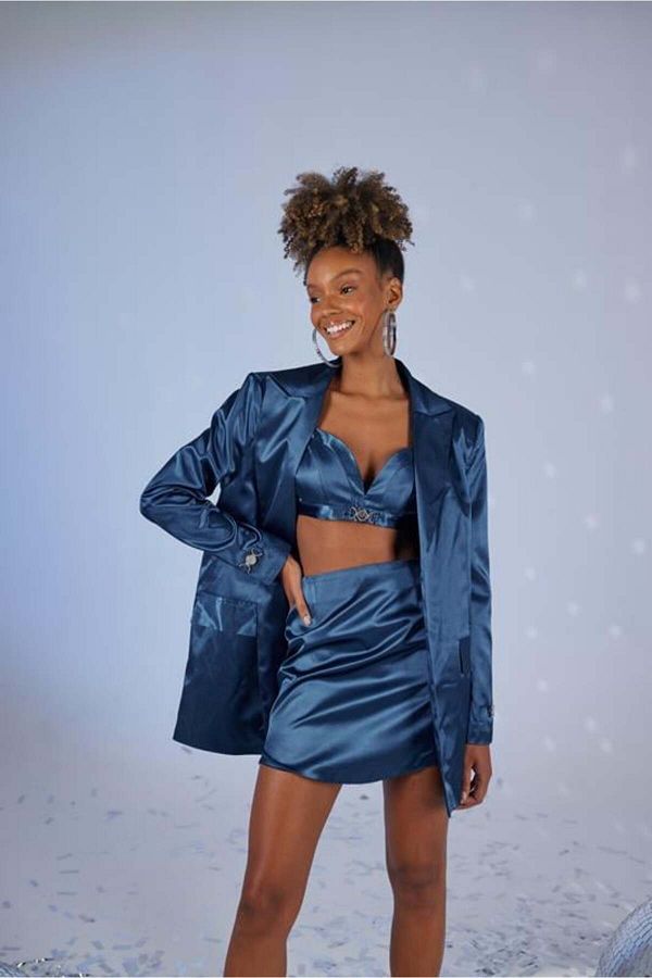Navy blue satin blazer online