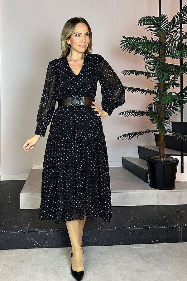 gesmoda G0794 V neck Polka Dot Chiffon Dress Black Trendyol