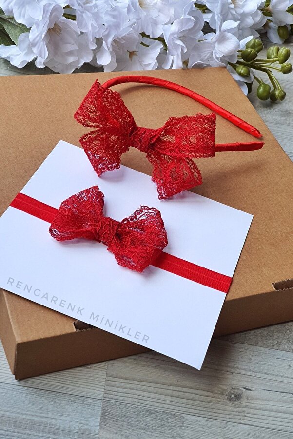 çiğdem kaya design Kırmızı Dantel Fiyonklu Anne Bebek Lohusa Taç Seti  Hamile Tacı