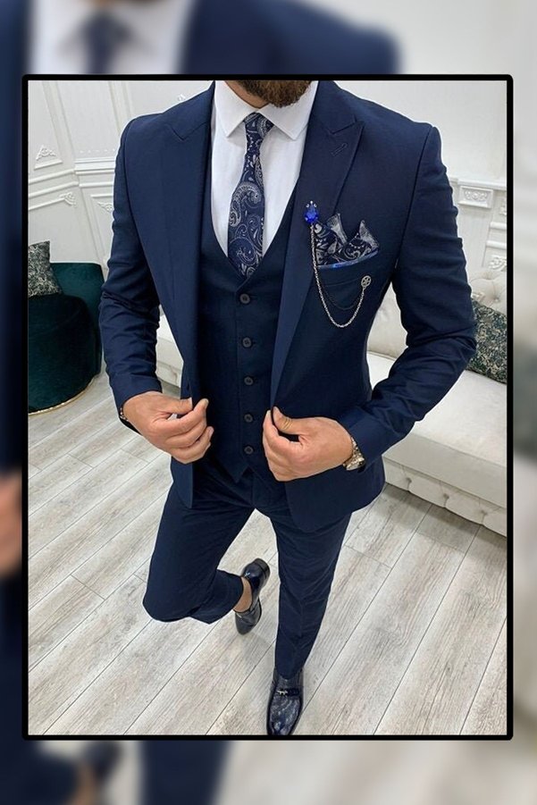 VALCES Men's Navy Blue Slim Fit Solid Color Suit with Vest (Necktie and Collar Ornament Gift)