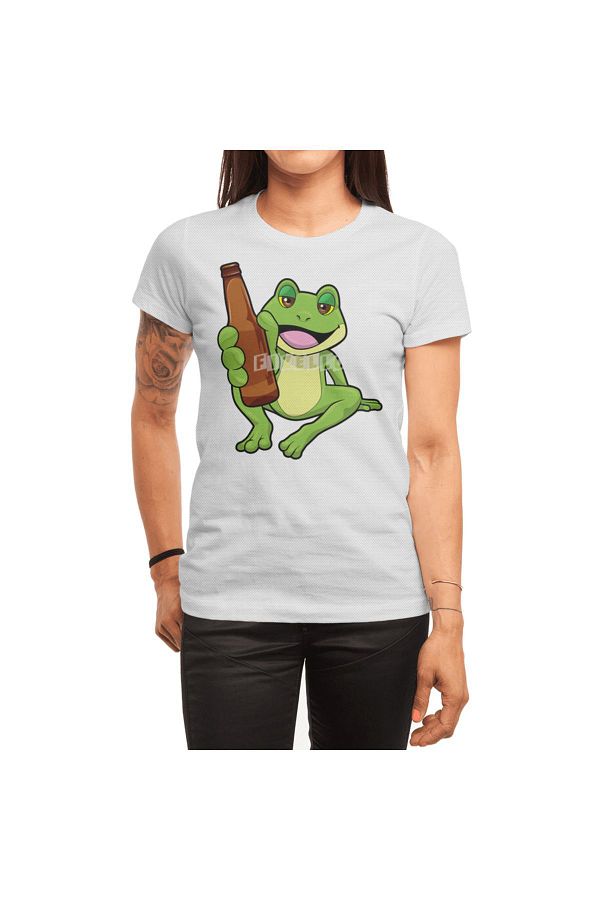 Fizello-Ανδρικό και γυναικείο λευκό μπλουζάκι - Frog with Bottle of Beer Pattern 1