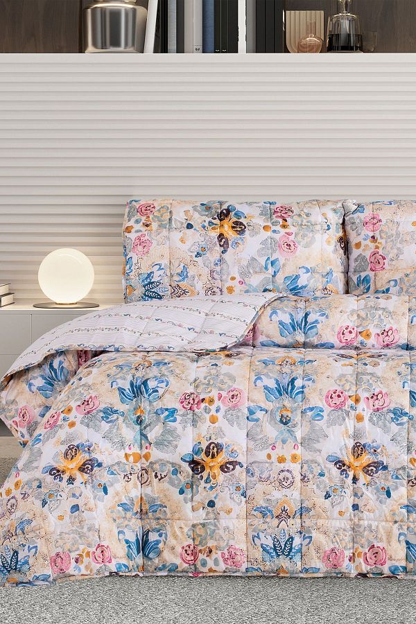 POMELO HOME-Single Floral Print Beige Double Sided Bedspread, Pillowcase Set, Set 1