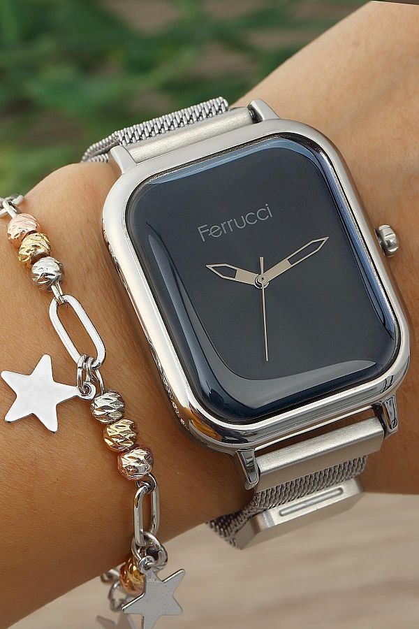 Ferrucci-Navy Blue Unisex Silver Clock - Rectangular Dial, Magnetic Wicker Cord, Quartz Movement 1