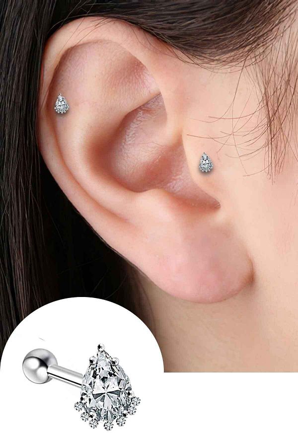 Salyangoz Company Surgical Steel Silver Color Drop Stone Six Row Single Stone Model Tragus helix cartilage Piercing Dmlsr03 Trendyol