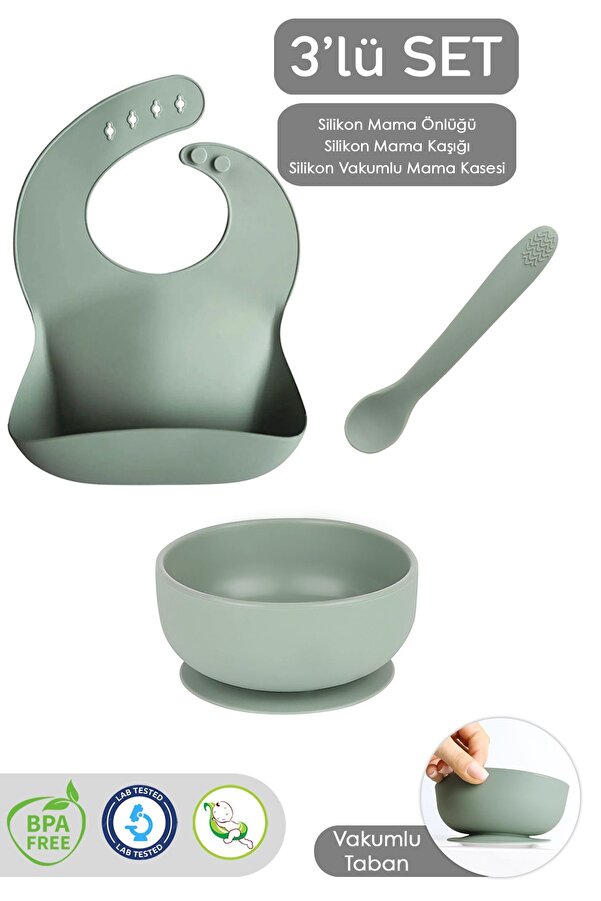 Meleni Baby 3'lü Silikon Bebek Beslenme Seti - Vakumlu Mama Kasesi - Mama Önlüğü - Diş Kaşıyıcı Kaşık - Yeşil
