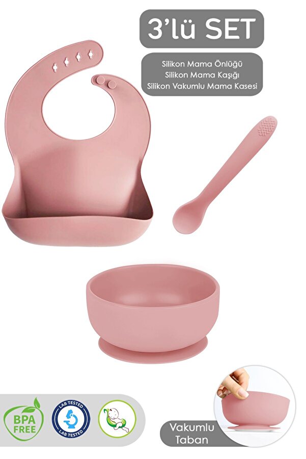 Meleni Baby 3'lü Silikon Bebek Beslenme Seti - Vakumlu Mama Kasesi - Mama Önlüğü - Diş Kaşıyıcı Kaşık - Pembe