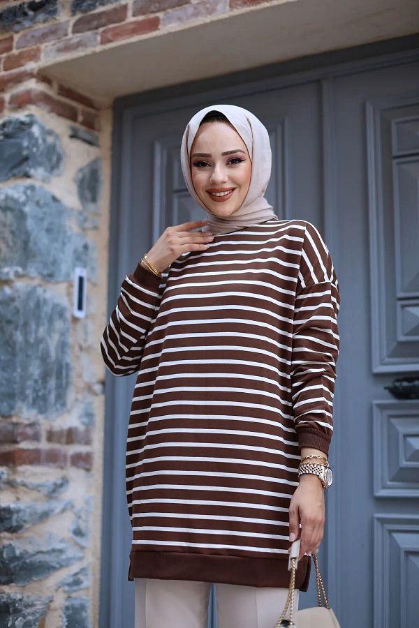 Neva Striped Hijab Tunic Sweatshirt Two Thread Trendyol