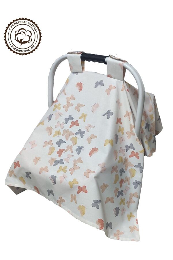 BeybiNest %100 Pamuklu Puset Örtüsü Tek Kat 110x88 Cm Turuncu Kelebekler Model