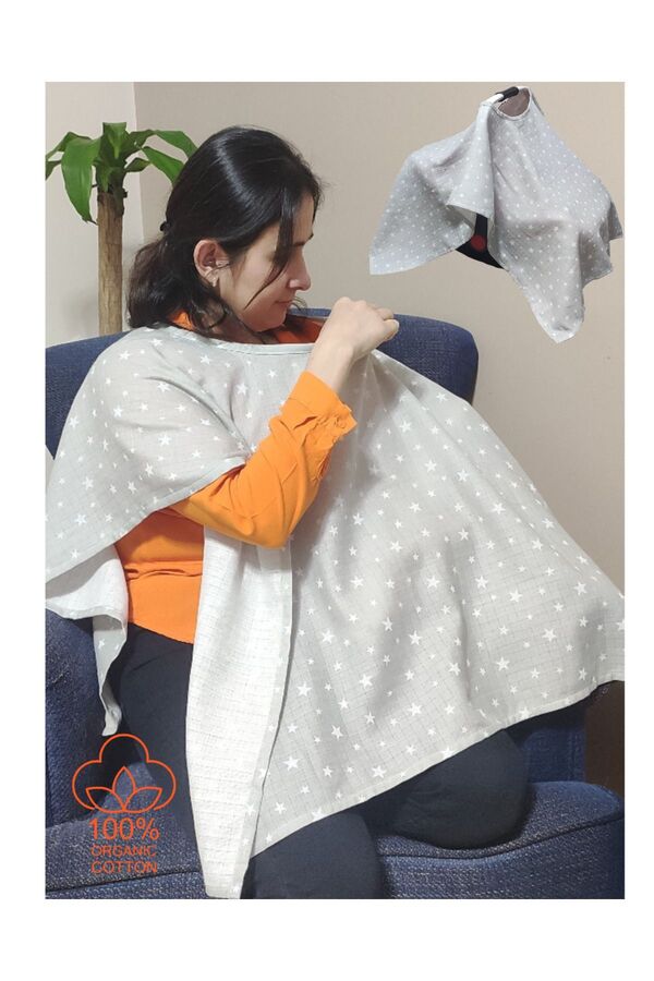 BeybiNest Müslin Gri Yıldızlar Panço 130x85 Fonksiyonel Puset Örtüsü Ve Emzirme Önlüğü Emzirme Örtüsü