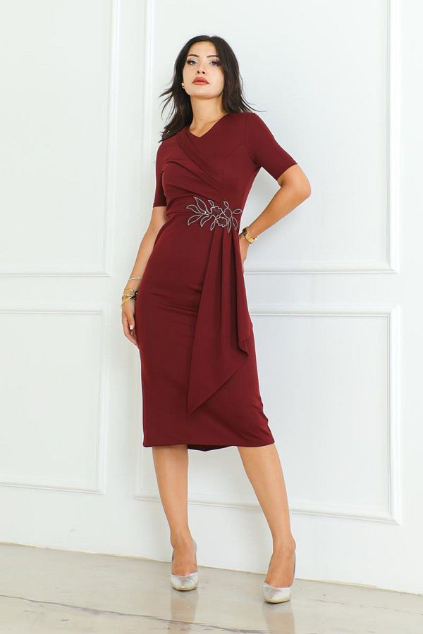 zeynep zehra Burgundy Evening Dress Asymmetrical Pencil Dress with Stone Detail Trendyol