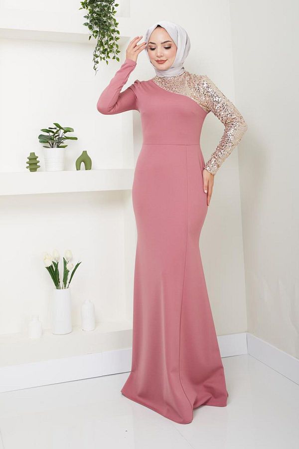 Ay e Melek Pink Sequin Fish Hijab Evening Dress Women s Clothing 2733 Trendyol