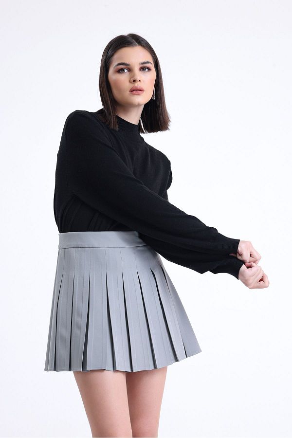 ONE8 Pleated Mini Skirt with Back Waist Elastic Zipper Light Gray Color Trendyol