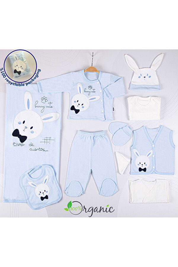 Miniel Erkek Bebek Papyonlu Tavşan Nakışlı 10'lu Organik Yenidoğan Bebek Hastane Çıkış Seti - Mavi