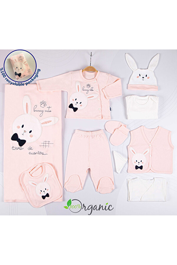 Miniel Kız Bebek Papyonlu Tavşan Nakışlı 10'lu Organik Yenidoğan Bebek Hastane Çıkış Seti - Somon