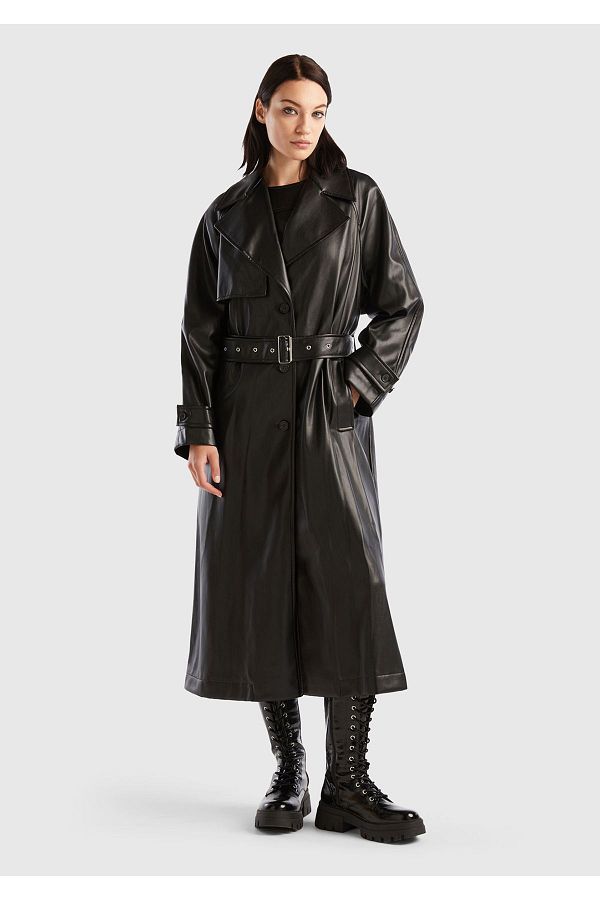 United Colors of Benetton Black Faux Leather Women s Trench Coat Lined Trendyol