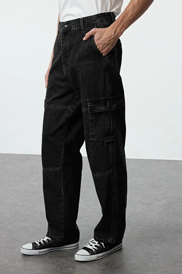 Trendyol Collection-Negru 100% bumbac Baggy Fit Cargo Pantaloni largi din denim Jeans TMNAW25JE00002 1