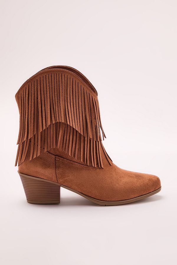 TRENDYOL SHOES-Brązowe zamszowe buty kowbojskie z frędzlami na obcasie blokowym w kolorze tan Takaw25Bo00031 1