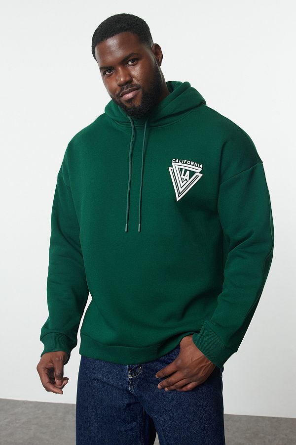 Trendyol Collection Plus Size Emerald Green Fleece Printed Hooded Sweatshirt Tmnaw24Ao00026 Trendyol