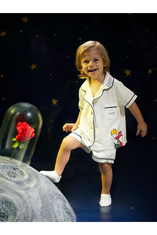 Maya And Luca-Boy's White Satin Pajama Set - Little Prince Patterned, Apache Collar 1