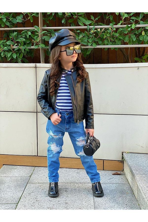 Burcak Butik Girl s Jeans Black Leather Jacket Supreme T Shirt 3 Piece Combination