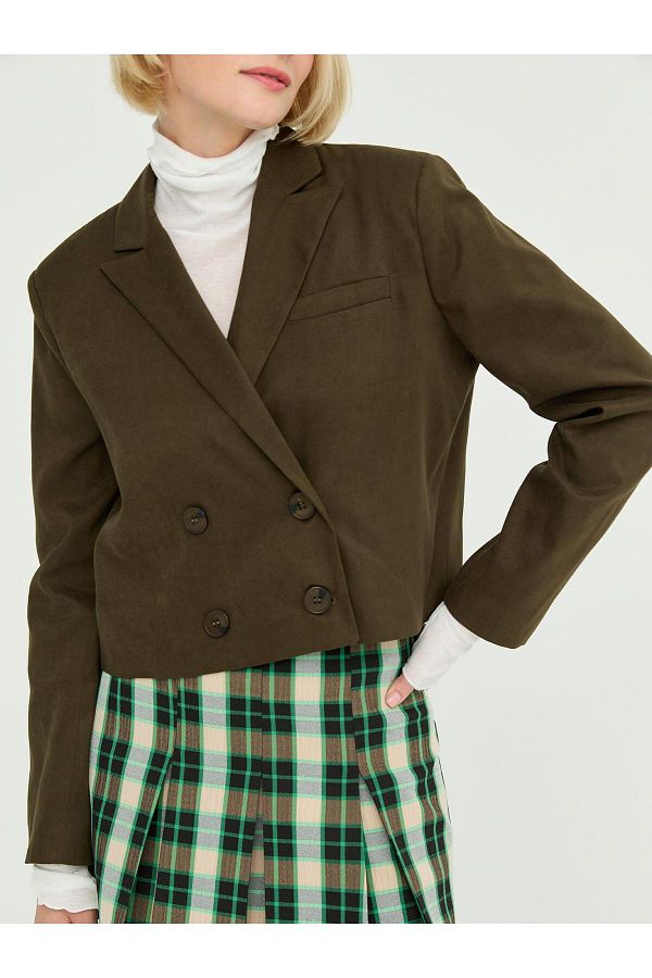 Juste Studio Suede Khaki Double Breasted Crop Jacket Trendyol