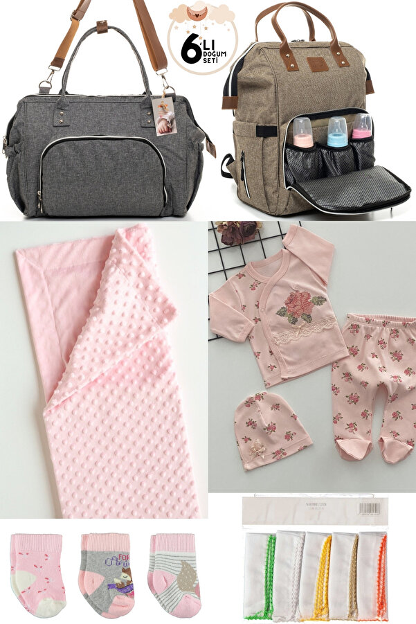 DERİNBEBE 6’LI BEBEK DOĞUM SETİ(HASTANE ÇIKIŞ,ANNE&BEBEK BAKIM OMUZ VE SIRT ÇANTASI,BATTANİYE,ÇORAP VE MENDİL)