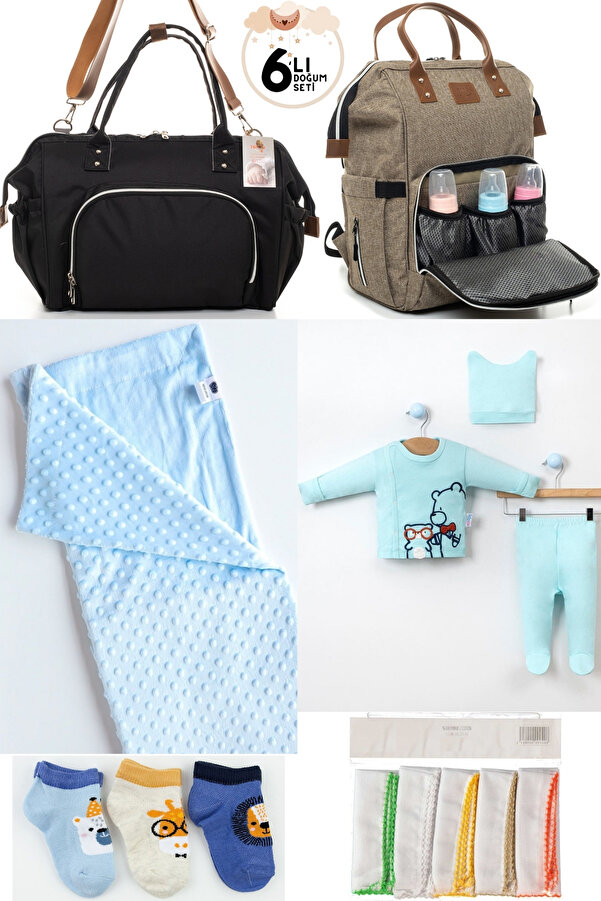 DERİNBEBE 6’LI BEBEK DOĞUM SETİ(HASTANE ÇIKIŞ,ANNE&BEBEK BAKIM OMUZ VE SIRT ÇANTASI,BATTANİYE,ÇORAP VE MENDİL)