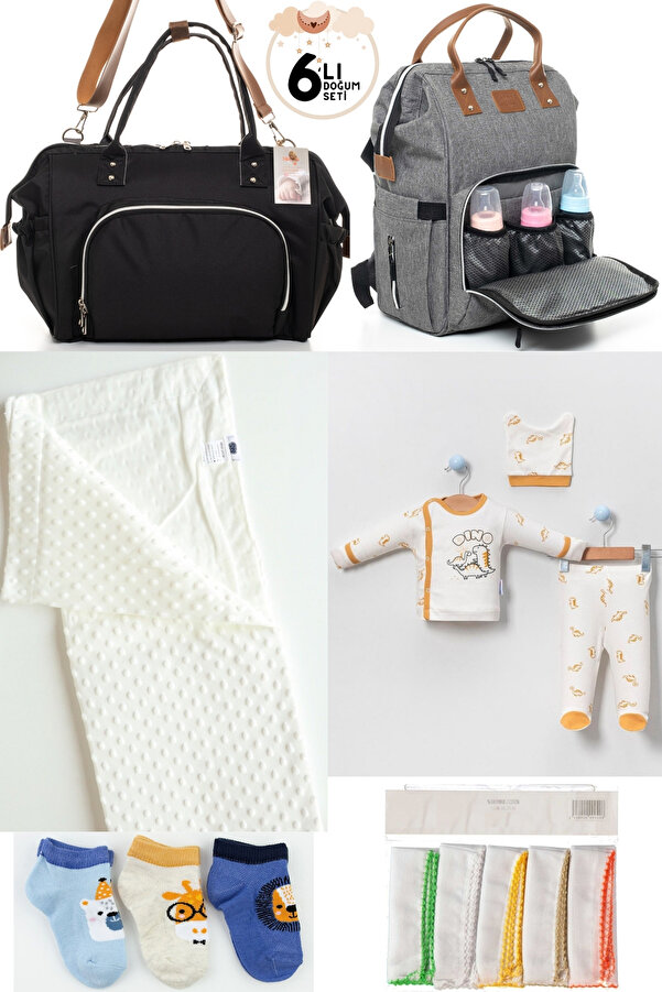 DERİNBEBE 6’LI BEBEK DOĞUM SETİ(HASTANE ÇIKIŞ,ANNE&BEBEK BAKIM OMUZ VE SIRT ÇANTASI,BATTANİYE,ÇORAP VE MENDİL)