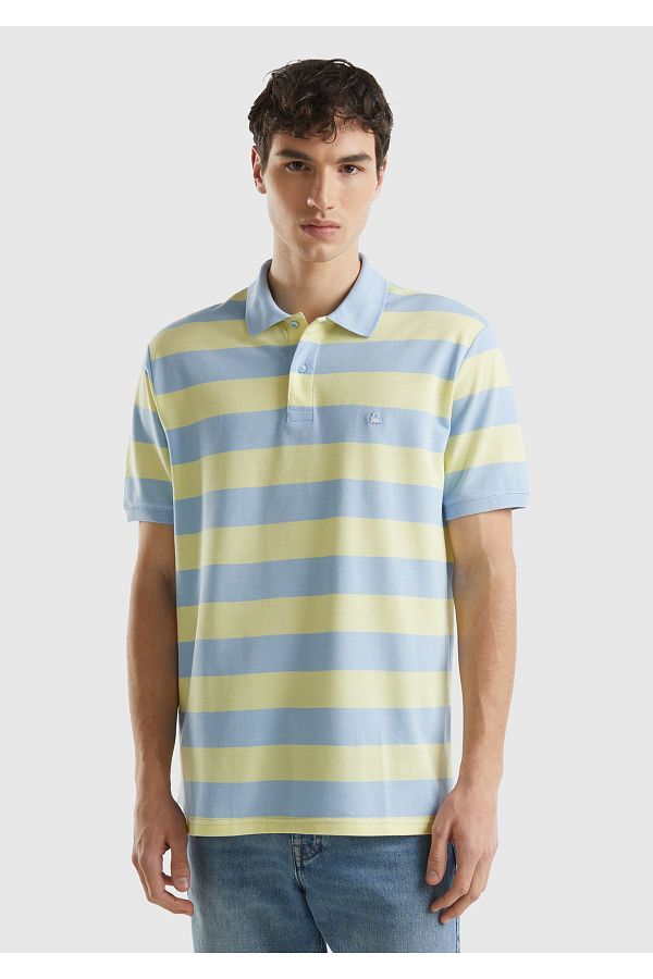 United Colors of Benetton-تي شيرت رجالي مخطط ذو رقبة بولو باللون الأزرق - 100% قطن، 2 زر 1