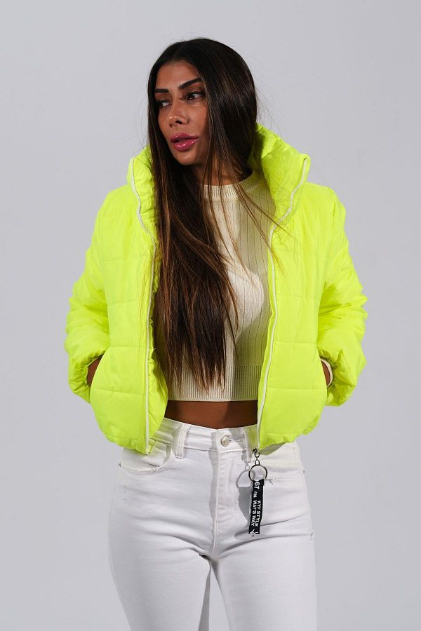Keyifli Moda Neon Green Stone Printed Women s Puffer Jacket Stand Collar Trendyol